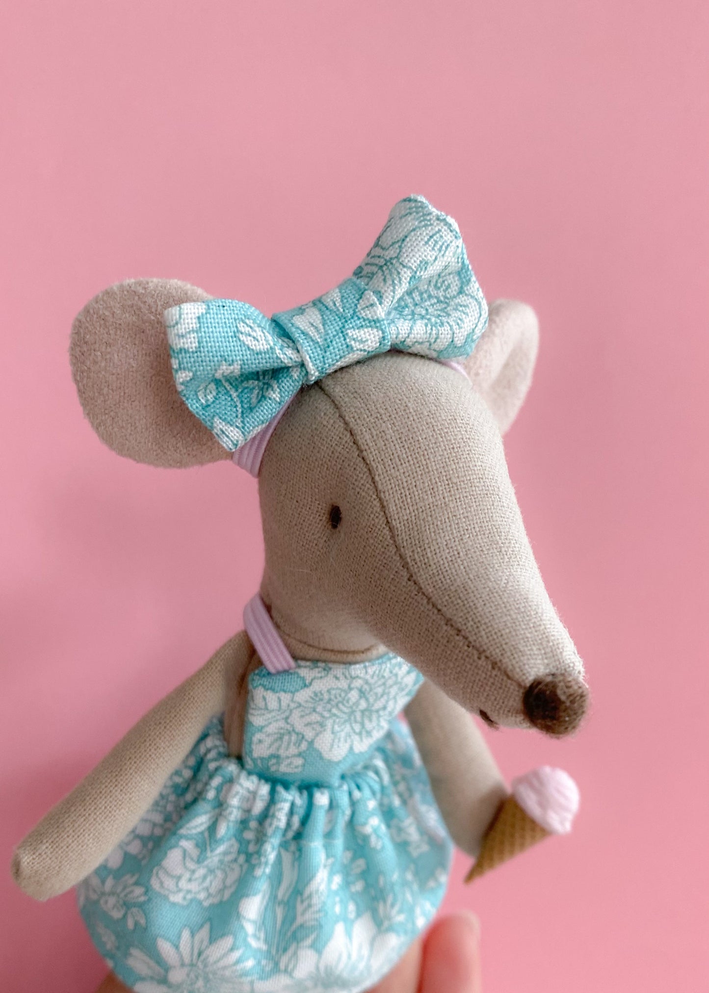 Maileg mouse headband with Liberty Emily Belle aqua bow