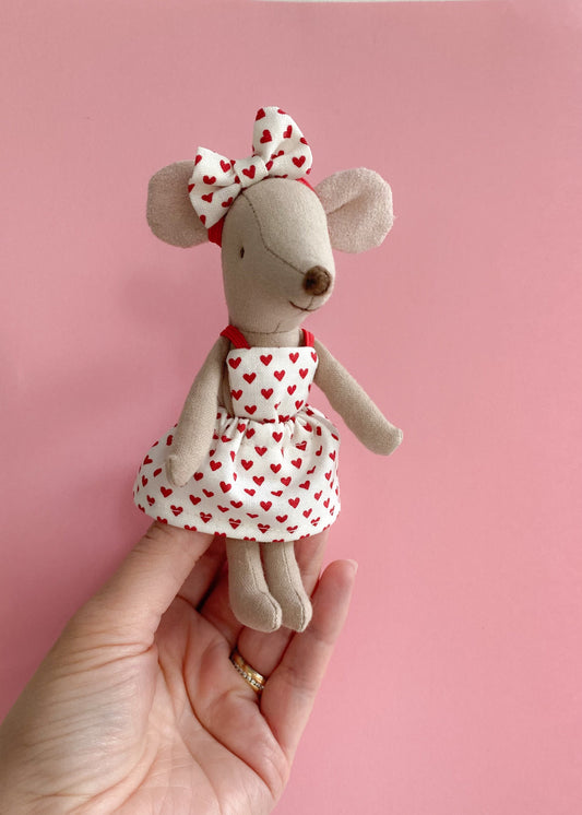 Maileg mouse Valentine’s Dress Cream with Red Hearts