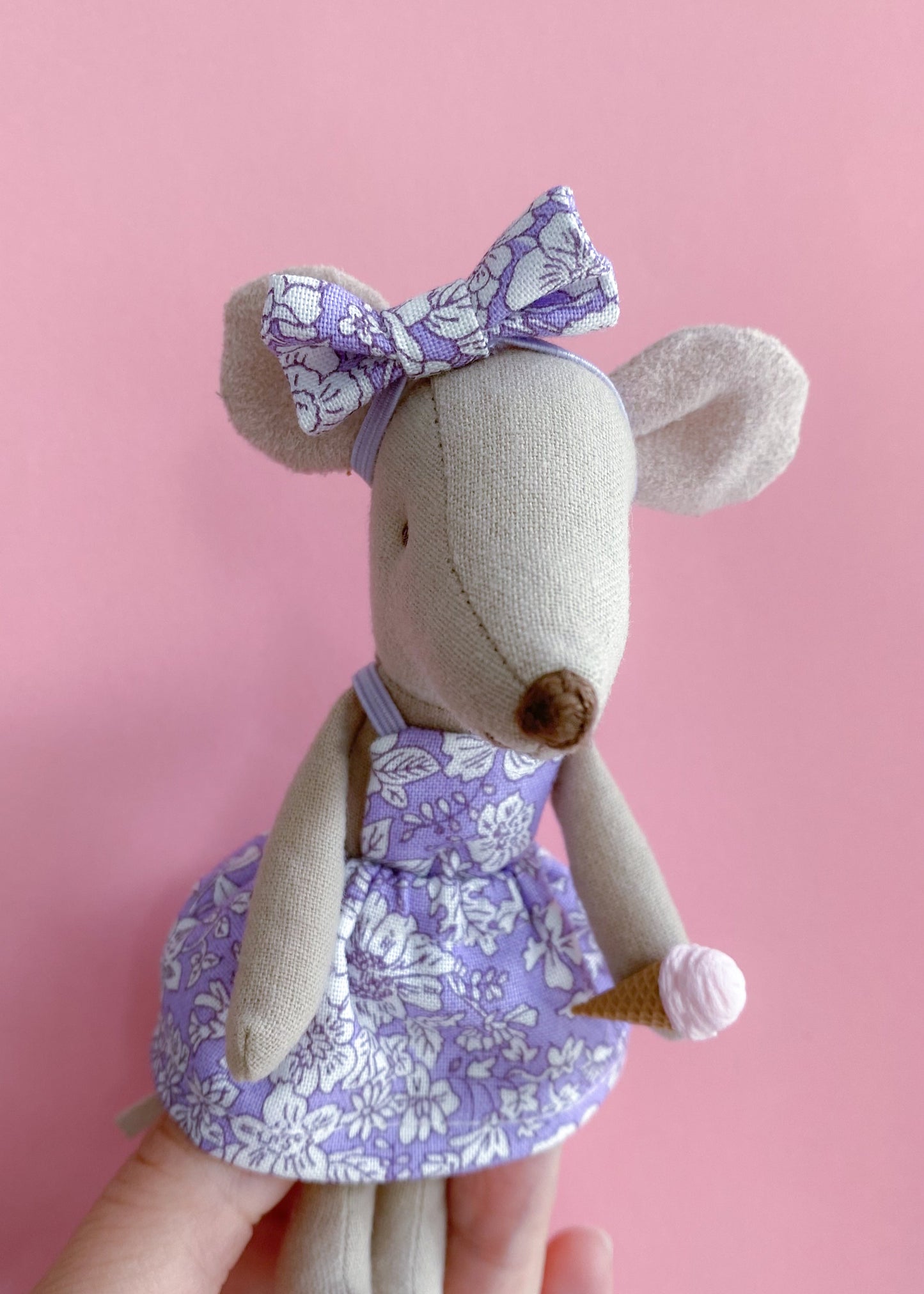 Maileg mouse headband with Liberty Emily Belle lilac bow