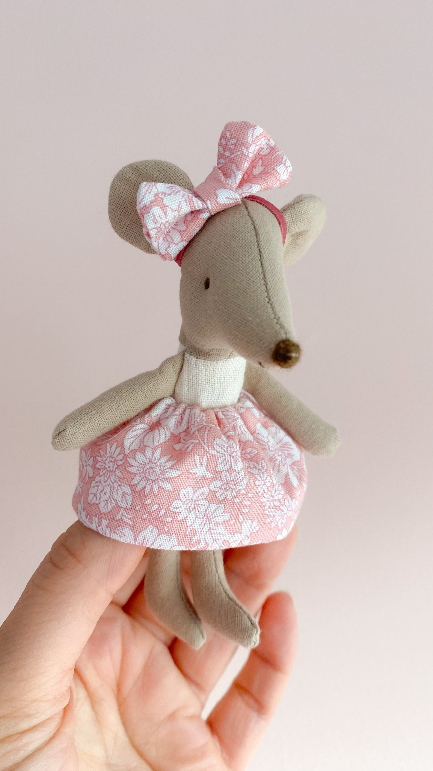 Maileg mouse headband with Liberty Emily Belle pink bow