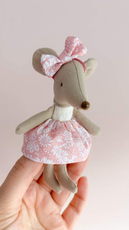 Maileg mouse headband with Liberty Emily Belle pink bow