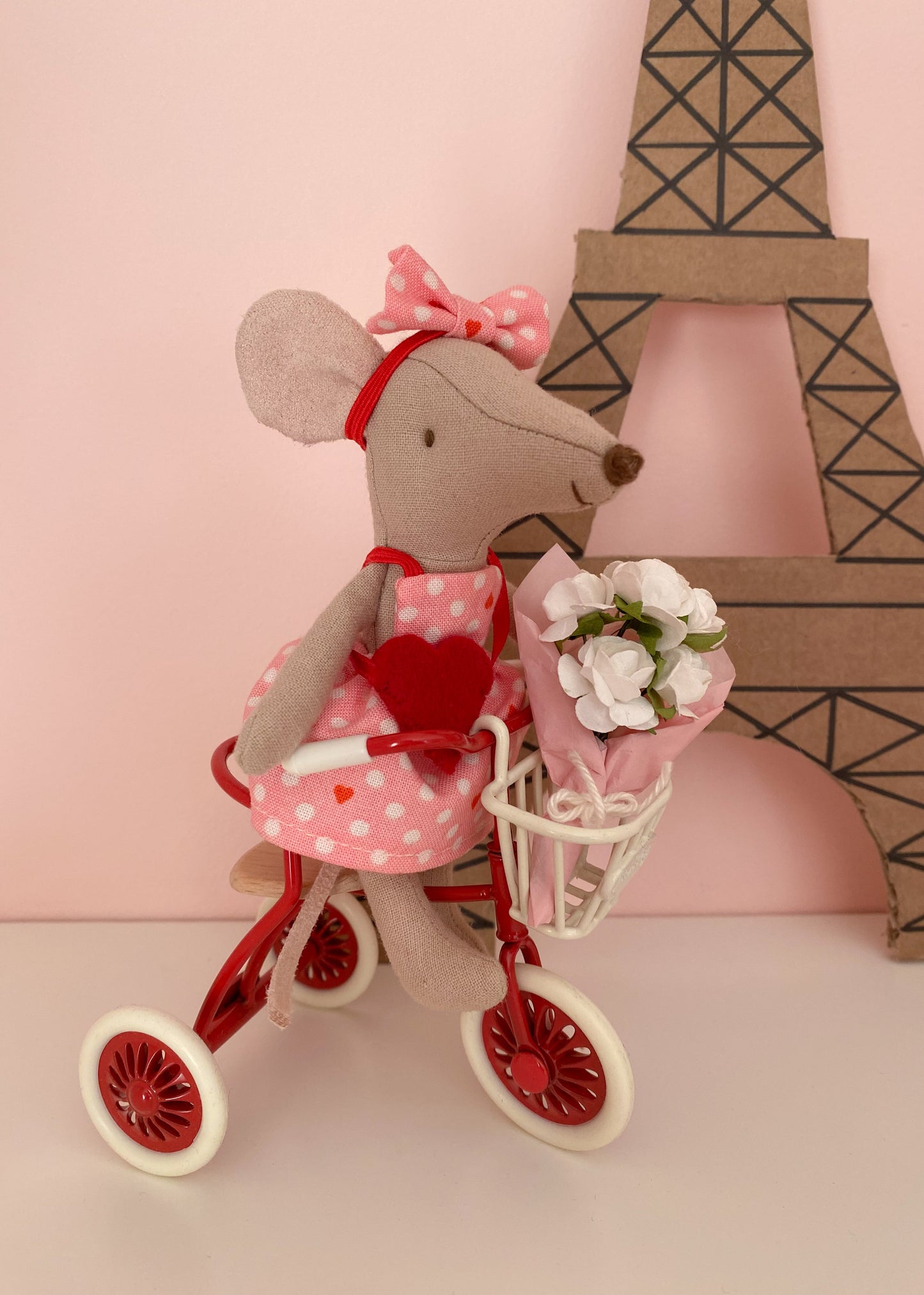 Valentine’s dress pink with hearts and polka dots for Maileg mouse