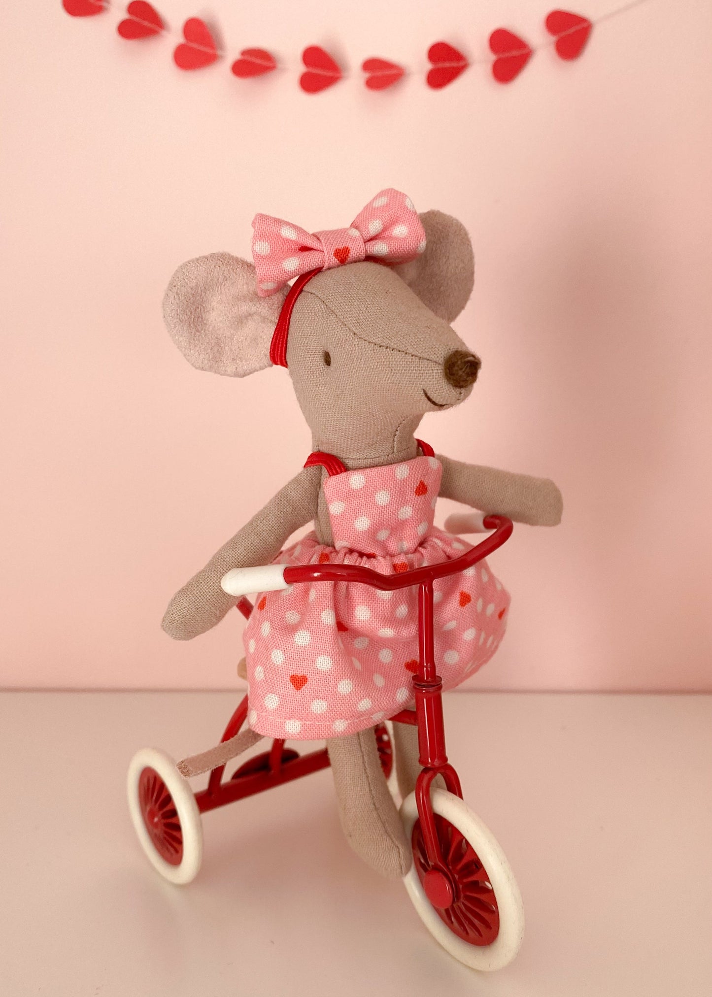 Valentine’s dress pink with hearts and polka dots for Maileg mouse