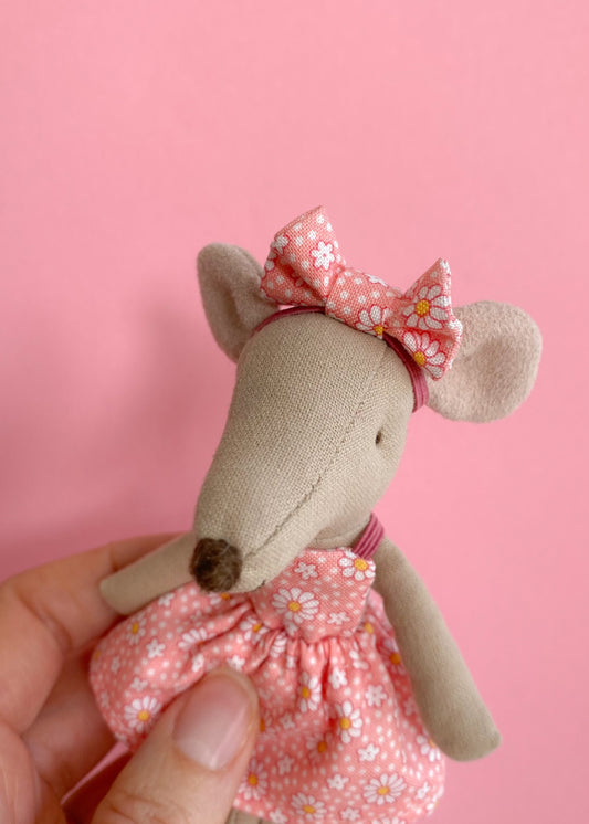 Hairband with pink floral bow for Maileg Mouse