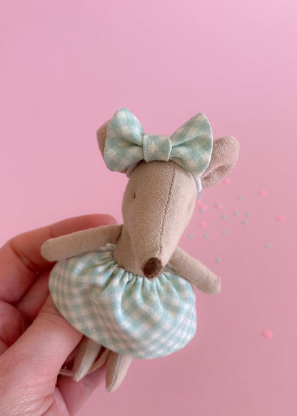 Hairband with mint green gingham bow for Maileg Mouse