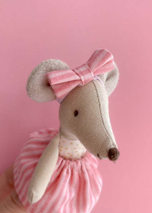 Maileg mouse headband with pink striped bow