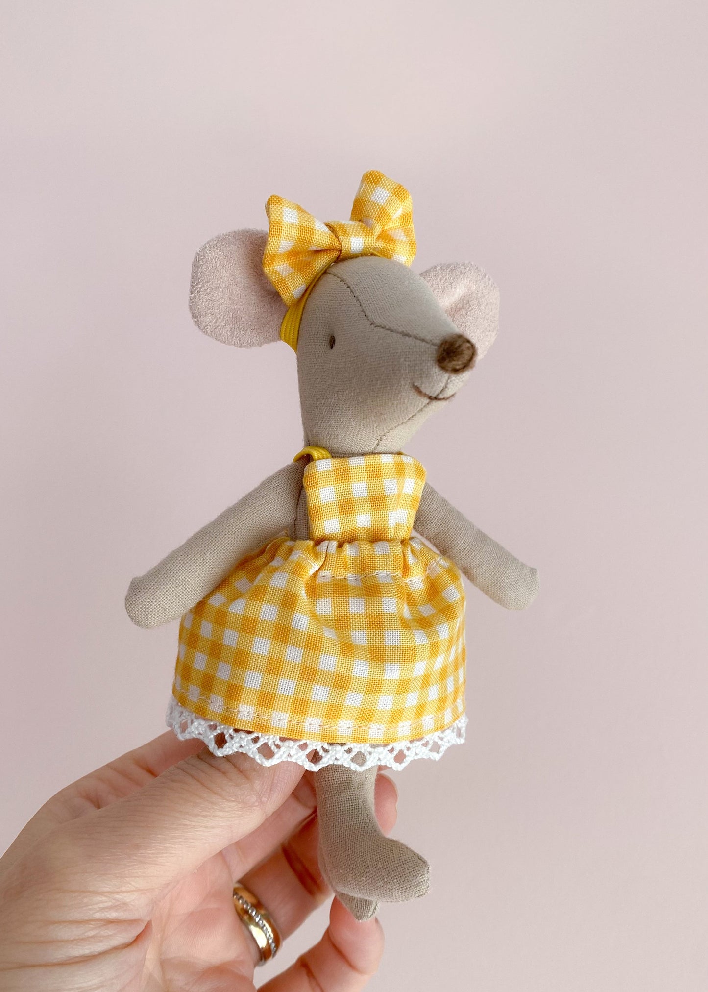 Maileg mouse yellow gingham dress with lace