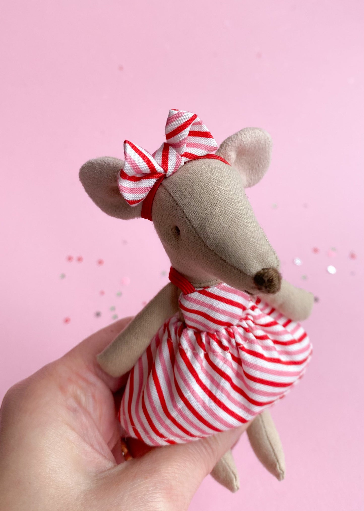 Headband with red and pink striped bow for Maileg mouse
